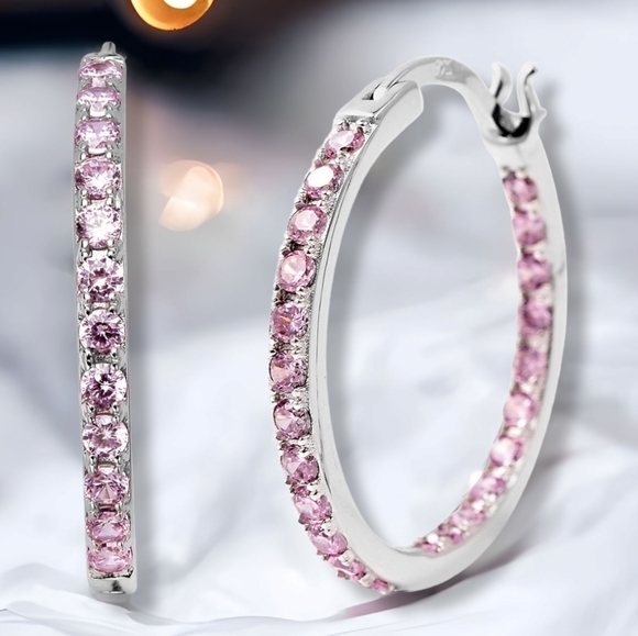 🔥PRICE DROP🔥NWT SIMULATED PINK DIAMOND HOOP EARRINGS IN STERLING SILVER - Picture 7 of 9
